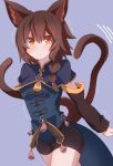  1girl animal_ear_fluff animal_ears black_capelet black_shorts black_sleeves blue_shirt blush braid brown_hair capelet cat_ears cat_girl cat_tail commentary_request facial_mark hair_between_eyes highres long_sleeves looking_at_viewer motion_lines multiple_tails ocha_no_mae orange_eyes original purple_background shirt short_shorts shorts simple_background single_braid sleeves_past_wrists solo tail two_tails whisker_markings 