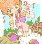  1girl animal_ears armlet bandaged_arm bandages body_fur breath_of_fire breath_of_fire_ii facial_mark green_eyes mouth_hold musical_note orange_hair rinpoo_chuan sharp_toenails short_hair sicky_(pit-bull) solo tail tiger_ears tiger_girl tiger_tail toenails whisker_markings 