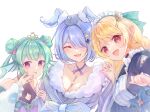  3girls :p apron black_kimono blue_hair blue_nails blue_wings braid breasts cleavage commentary double_bun elira_pendora elira_pendora_(2nd_costume) entsu_(10_9) finana_ryugu finana_ryugu_(2nd_costume) fur-trimmed_kimono fur_trim green_hair hair_bun hair_over_one_eye halterneck head_wings highres japanese_clothes jewelry key_necklace kimono large_breasts long_hair maid maid_headdress multiple_girls necklace nijisanji nijisanji_en pointy_ears pomu_rainpuff pomu_rainpuff_(2nd_costume) purple_eyes red_eyes short_hair symbol-only_commentary tiara tongue tongue_out twin_braids virtual_youtuber wa_maid white_apron wings 
