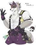  2023 4:5 absurd_res anthro bottomwear canid canine clothed clothing duo fox fur gloves grey_body grey_fur handwear hi_res human izm_rm7 kemono lifewonders live_a_hero looking_at_viewer male mammal muscular muscular_anthro muscular_male open_clothing pants protagonist_(live_a_hero) purple_clothing shirt topwear vulpecula white_clothing 