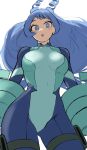  1girl :o absurdres blue_bodysuit blue_eyes blue_hair bodysuit boku_no_hero_academia drill_hair fengling_(furin-jp) green_bodysuit hadou_nejire hair_horns highres light_blue_hair long_hair looking_at_viewer multicolored_bodysuit multicolored_clothes solo twin_drills unfinished 