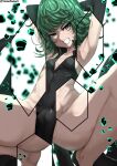  1girl absurdres armpits arms_behind_head arms_up artist_name aura black_dress blurry blurry_background breasts cameltoe clenched_teeth curly_hair debris detached_sleeves dress flipped_hair floating floating_object glaring glowing green_eyes green_hair highres one-punch_man pelvic_curtain short_hair side_slit small_breasts solo spread_legs squatting tatsumaki teeth tomodachi_(tomofanart) twitter_username white_background x-ray 