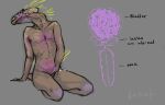  abdominal_bulge alien animal_genitalia anthro arm_quills arm_support backward_arm_support blush brown_body brown_skin btket colored colored_sketch egg_in_bladder flaccid fully_sheathed genitals halo_(series) hand_on_crotch hi_res internal internal_penis internal_testicles kig-yar kneeling looking_back male microsoft penis pregnant pregnant_male quill_hair ruuhtian_(kig-yar) scalie sheath simple_background sketch solo xbox_game_studios yellow_quills 