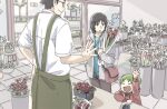  1girl 2boys apron arm_up bag black_hair black_pants blue_shirt bouquet closed_eyes collared_shirt commentary counter facial_hair father_and_daughter flower flower_shop glasses green_apron green_hair grey_jacket highres holding holding_bouquet hood hood_down hooded_jacket indoors jacket jumbo koiwai_yotsuba long_sleeves looking_at_another marutei2 mr._koiwai multiple_boys open_mouth pants plant potted_plant quad_tails red_bag red_flower red_jacket red_rose red_tulip rose shirt shop short_hair shoulder_bag smile standing stool stubble symbol-only_commentary tulip white_shirt yotsubato! 