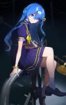  1girl bardiche_(weapon) belt black_footwear blue_eyes blue_hair blue_nails bow bowtie choker crossed_legs earrings evil_smile grey_socks hair_between_eyes half_updo high-waist_skirt highres holding holding_weapon hololive hoshimachi_suisei hoshimachi_suisei_(4th_costume) jewelry loafers long_hair looking_at_viewer miniskirt night night_sky official_alternate_costume official_alternate_hairstyle pleated_skirt potepotechi puffy_short_sleeves puffy_sleeves purple_choker purple_sailor_collar purple_shirt purple_skirt sailor_collar school_uniform shirt shoes short_sleeves sitting skirt sky smile socks solo star_(symbol) utility_pole virtual_youtuber weapon yellow_belt yellow_bow yellow_bowtie 