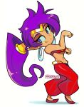  1girl absurdres arabian_clothes artist_name blue_eyes bra circlet earrings full_body highres hoop_earrings jewelry long_hair looking_to_the_side mag_(magdraws) navel pants pointy_ears ponytail purple_hair red_bra red_pants shantae shantae_(series) shoes simple_background solo underwear watermark white_background 