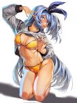  1girl barefoot bikini blue_eyes blue_hair blue_hairband borrowed_character bow_hairband breasts clothes_lift commentary english_commentary fingernails full_body gift_art grey_sweater hair_intakes hairband highres kneeling legs_together lifted_by_self lips long_hair looking_at_viewer medium_breasts minah_(chaesu) navel nose original photo-referenced smile solo sweater sweater_lift swimsuit tan the_white_box_studio toned very_long_hair white_background yellow_bikini 