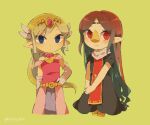  2girls alternate_hairstyle beak blonde_hair blue_eyes closed_mouth dress looking_at_viewer medli multiple_girls parted_bangs pointy_ears ponytail princess_zelda red_eyes simple_background smile the_legend_of_zelda the_legend_of_zelda:_the_wind_waker tokuura toon_zelda 