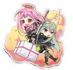  2girls animal_ears black_footwear black_gloves black_jacket black_shorts boots cat_ears close_game/offline_(project_sekai) energy_gun gloves green_hair grey_thighhighs gun halo hammer highres holding holding_gun holding_hammer holding_weapon jacket kusanagi_nene long_hair loveblond mechanical_ears mechanical_halo multiple_girls ootori_emu open_mouth pink_eyes pink_hair project_sekai purple_eyes rabbit_ears short_bangs shorts sidelocks smoke thighhighs very_long_hair weapon 