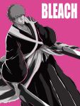  1boy black_kimono bleach bleach:_the_thousand-year_blood_war blush closed_mouth commentary copyright_name dutch_angle highres holding holding_sword holding_weapon japanese_clothes kimono kurosaki_ichigo long_sleeves looking_at_viewer monochrome nemo3105 nose_blush pink_background short_hair simple_background solo spiked_hair standing sword true_zangetsu_(shikai) weapon wide_sleeves 