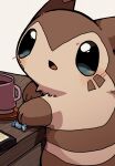  2023 absurd_res beverage biped blush brown_body brown_fur candy coffee dessert detailed_background feral food fur furret generation_2_pokemon hi_res ke_mo_suke kemono mug nintendo pokemon pokemon_(species) solo 