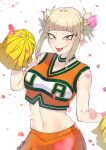  1girl blonde_hair blush boku_no_hero_academia chibi_228 commentary commentary_request confetti crop_top heart highres looking_at_viewer messy_hair midriff navel orange_skirt pom_pom_(cheerleading) shirt simple_background skirt sleeveless solo toga_himiko tongue tongue_out u.a._cheerleader_uniform yellow_eyes 