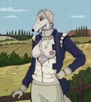  anthro borzoi breasts canid canine canis clothed clothing domestic_dog female garbagegarage hi_res hunting_dog iszabella_wimperschlaack landscape mammal nipples open_clothing open_shirt open_topwear outside partially_clothed scar shirt sighthound solo tongue tongue_out topwear 