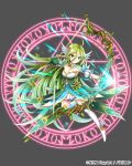  1girl ahoge bow_(weapon) copyright_request dress full_body gloves green_dress green_eyes green_gloves green_hair grey_background head_wings holding holding_bow_(weapon) holding_weapon leaf long_hair magic_circle official_art pointy_ears simple_background solo very_long_hair weapon wings yoshino35 