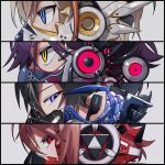  4boys artist_request barcode black_hair blonde_hair blue_eyes chain character_request colored_inner_hair earpiece from_side gradient_hair grey_background highres jacket looking_at_viewer mask multicolored_hair multiple_boys nijisanji profile purple_hair red_eyes red_hair respirator shirt solo two-tone_hair virtual_youtuber voltaction yellow_eyes 