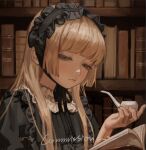 1girl blonde_hair bonnet book bookshelf chin_strap commentary_request commission english_text gosick gothic_lolita green_eyes hairband half-closed_eyes hime_cut holding holding_book holding_smoking_pipe indoors library lolita_fashion lolita_hairband long_hair looking_down painterly pop-up_book portrait reading smoking_pipe solipsist solo victorica_de_blois 
