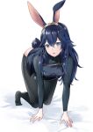  1girl all_fours ameno_(a_meno0) animal_ears bed_sheet blue_eyes blue_hair breasts fire_emblem fire_emblem_awakening hair_between_eyes long_hair long_sleeves lucina_(fire_emblem) open_mouth pantyhose pelvic_curtain rabbit_ears rabbit_girl rabbit_tail small_breasts solo sweater symbol-shaped_pupils tail tiara white_background 