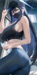  1girl baseball_cap black_hair black_mask blue_archive bottle crop_top duplicate halo hand_on_headwear harness hat holding holding_bottle long_hair mask mouth_mask pants plastic_bottle preview_(preview0) saori_(blue_archive) signature sleeveless tight_clothes tight_pants 