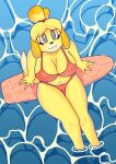  absurd_res accessory animal_crossing anthro belly big_breasts bikini blush breasts brown_eyes canid canine canis clothing domestic_dog eyeliner female foreshortening graycatluna hair_accessory hair_tie hi_res high-angle_view highlights_(coloring) isabelle_(animal_crossing) leaning leaning_back makeup mammal nintendo partially_submerged sea shih_tzu sitting slightly_chubby solo surfboard swimwear tail thick_thighs toy_dog water 