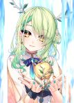  1girl :3 apple breasts brown_eyes ceres_fauna cleavage closed_mouth dangle_earrings earrings food fruit golden_apple green_hair green_nails highres hololive hololive_english jewelry large_breasts long_hair looking_at_viewer murmoruno smile solo upper_body virtual_youtuber 