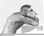  akrolayn ambiguous_species anthro clothed clothing digital_media_(artwork) digital_painting_(artwork) greyscale hair jack_(akrolayn) male monochrome scalie side_view sketch solo topless 