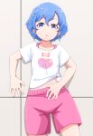  1girl :o blue_eyes blue_hair braid collarbone dorothy_west hair_between_eyes looking_at_viewer pink_shorts pretty_series pripara shirt short_hair short_sleeves shorts single_braid solo standing t-shirt thighs tied_shirt white_shirt yonekura_hisaki 