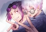  2boys black_eyes blue_lock blue_shirt glasses grin hand_up highres hug hug_from_behind long_sleeves looking_at_viewer male_focus mikage_reo mocha_(w-mocha95) multiple_boys nagi_seishirou purple-tinted_eyewear purple_eyes purple_hair round_eyewear shirt short_eyebrows short_hair smile teeth tinted_eyewear tongue tongue_out twitter_username upper_body v white_background white_hair 