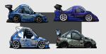  absurdres car chibi from_side grey_background highres holeecrab honda honda_civic honda_integra motor_vehicle newjeans nissan nissan_r390 no_humans original race_vehicle racecar spoiler_(automobile) sponsor vehicle_focus vehicle_request 