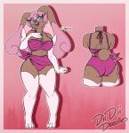  anthro big_breasts blissey breasts brown_body brown_fur clothed clothing diidiidoodles eyewear female fur generation_2_pokemon generation_4_pokemon glasses hair hand_on_breast hi_res hybrid lopunny melissa_(sparkingyagi) model_sheet nintendo pink_hair pokemon pokemon_(species) purple_eyes shiny_pokemon smile solo swimwear 