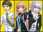  1girl 2boys absurdres animal_bag artist_name backpack bag black_shirt blush breasts brown_hair brown_skirt cat_bag collarbone collared_shirt danganronpa_(series) danganronpa_2:_goodbye_despair dress_shirt flipped_hair galaga green_jacket green_necktie grey_hair hair_between_eyes hair_ornament highres hinata_hajime hood hooded_jacket jacket komaeda_nagito kusatakesi large_breasts light_brown_hair long_sleeves looking_at_viewer medium_breasts medium_hair messy_hair multiple_boys nanami_chiaki neck_ribbon necktie open_clothes open_jacket open_mouth pink_bag pink_eyes pink_ribbon pleated_skirt pointing pointing_at_viewer pointing_up print_shirt ribbon shirt shirt_tucked_in short_hair skirt teeth upper_teeth_only white_shirt yellow_background 