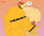 2021 absurd_res accessory anthro biceps big_muscles big_penis bowser butt digital_media_(artwork) genitals hair hi_res huge_muscles huge_penis humanoid_genitalia humanoid_penis hyper hyper_muscles hyper_pecs koopa male mario_bros muscular muscular_anthro muscular_male neckwear nintendo nipples nude open_mouth pecs penis regnar scalie simple_background smile solo standing tail text vein wristband 