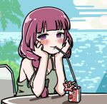  1girl @_@ alcohol bendy_straw black_bow blush bocchi_the_rock! bow braid breasts carton cleavage commentary dress drinking_straw drinking_straw_in_mouth green_dress hair_bow hands_on_own_face hiroi_kikuri long_hair low-braided_long_hair ocean off_shoulder palm_tree purple_eyes purple_hair single_braid solo symbol-only_commentary torako_(toramaru) tree 