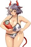  1girl animal_ears animal_print bikini black_hair breasts cleavage commentary_request cow_ears cow_girl cow_horns cow_print cow_tail d.koutya hand_on_own_hip highres horns huge_breasts looking_at_viewer multicolored_hair parted_lips red_eyes red_horns red_nails short_hair solo split-color_hair statue swimsuit tail touhou two-tone_hair ushizaki_urumi white_background white_hair 