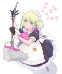  1boy alternate_costume alternate_hairstyle apron ascot back_bow black_dress bow braid dress from_above gloves green_hair hair_bow half_gloves heart highres holding holding_mop kome_1022 lio_fotia maid maid_apron maid_headdress male_focus mop name_tag open_mouth otoko_no_ko pink_ascot pink_bow promare puffy_short_sleeves puffy_sleeves purple_eyes short_hair short_sleeves simple_background solo white_background white_wrist_cuffs 
