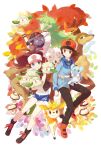  1girl 2boys animal_ears antlers baseball_cap blue_eyes blue_jacket boots brown_eyes brown_hair closed_eyes clothed_pokemon cottonee cubchoo deer_ears deerling deerling_(autumn) denim denim_shorts exposed_pocket foongus green_hair grey_eyes hat highres hilbert_(pokemon) hilda_(pokemon) holding holding_pokemon jacket minccino multiple_boys n_(pokemon) pokemon pokemon_(creature) pokemon_(game) pokemon_bw ponytail red_footwear sawsbuck sawsbuck_(autumn) shorts smile victini yukigi zorua 