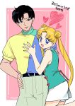  1boy 1girl :d aqua_shirt ass bare_arms belt belt_buckle bishoujo_senshi_sailor_moon black_belt black_hair blue_eyes blue_shirt blush bright_pupils buckle character_name chiba_mamoru commentary couple cowboy_shot double_bun earrings fingernails framed from_side green_shirt grey_pants hair_bun hand_on_another&#039;s_chest hand_on_own_hip hatta_ayuko heart highres jewelry long_hair looking_at_viewer miniskirt open_mouth pants parted_bangs parted_hair pink_background retro_artstyle shirt short_hair short_sleeves sketch skirt sleeveless sleeveless_shirt smile teeth tsukino_usagi twintails twitter_username upper_teeth_only white_background white_pupils white_shirt white_skirt yellow_shirt 