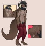  2023 absurd_res anthro anus balls blush brown_body brown_fur butt clothed clothing digital_media_(artwork) dragon erection fur genitals hi_res horn looking_at_viewer male partially_clothed penis presenting presenting_penis seductive simple_background solo sonofan standing undressing 