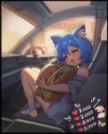  1girl animal_ear_fluff bandaged_foot bandages blue_hair blurry blurry_background blush burger car_interior commentary drooling english_commentary eyelashes food full_body hair_between_eyes head_rest knees_up legs legs_together medium_hair no_shoes object_hug off_shoulder original oversized_clothes oversized_shirt pillow shadow shirt sidelocks sin_(sintrybest) sitting solo stirrup_legwear t-shirt toeless_legwear toes 