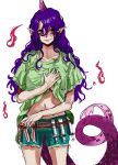  1girl absurdres closed_mouth collarbone green_shirt green_shorts highres horns korean_commentary kuya_(hey36253625) long_hair messy_hair navel pointy_ears purple_hair purple_horns red_eyes shirt short_sleeves shorts simple_background single_horn solo syringe tail tenkajin_chiyari test_tube touhou unfinished_dream_of_all_living_ghost white_background 