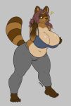  absurd_res anthro beckoning big_breasts bottomwear bra breasts canid canine clothing cynik gesture hair hi_res huge_breasts long_hair mammal one_eye_closed pants pull_down raccoon_dog simple_background sports_bra suggestive suggestive_gesture tail tanuki topwear underwear wink 