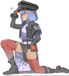  1girl black_footwear black_headwear black_jacket blue_eyes blue_hair boots echo_(punishing:_gray_raven) from_side hand_on_own_head hat highres jacket medium_hair military_hat punishing:_gray_raven red_thighhighs shirt thighhighs white_background white_shirt yongsadragon 