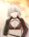  1girl ahoge bikini black_bikini black_jacket breasts choker cleavage closed_eyes collarbone cropped_jacket fate/grand_order fate_(series) grey_hair grin jacket jeanne_d&#039;arc_alter_(fate) jeanne_d&#039;arc_alter_(swimsuit_berserker)_(fate) kino_kokko large_breasts long_hair long_sleeves navel o-ring o-ring_bikini orange_sky shrug_(clothing) sky smile solo swimsuit twilight very_long_hair 