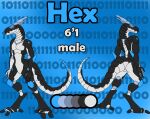  3_fingers 3_toes absurd_res antennae_(anatomy) anthro binary_code black_and_white black_body blue_background feet fingers hex_(hexagoon) hi_res humanoid machine male model_sheet monochrome robot robot_humanoid segmented_tail simple_background solo synth_(vader-san) toes 