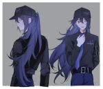  1boy aojiru_oisiiiii aqua_eyes arm_strap baseball_cap black_eyes black_shirt blue_hair blue_necktie blue_pants collared_shirt cowboy_shot hat heterochromia highres hong_lu_(project_moon) limbus_company long_hair multiple_views necktie open_mouth pants project_moon shirt smile very_long_hair 