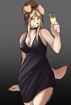  anthro breasts brown_hair canid canine canis champagne_bottle champagne_glass chest_tuft choker cleavage clothed clothing domestic_dog dress female floppy_ears fully_clothed fur hair hair_bun hi_res jewelry looking_at_viewer mammal mocha-wing necklace solo tan_body tan_fur tuft 