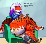  2019 anthro bottom_heavy bottomwear cellphone claws clothed clothing crossed_legs dialogue dinosaur duo facesitting fangs female fur furniture hair half-closed_eyes holding_object holding_phone male mammal narrowed_eyes on_sofa open_mouth overweight overweight_anthro overweight_female pattern_clothing pattern_shirt pattern_topwear patting paws phone reptile scales scalie shenzel shirt shorts sitting sitting_on_another sitting_on_sofa sofa striped_clothing striped_shirt striped_topwear stripes tank_top teeth text theropod thick_thighs toe_claws topwear trinity_(shenzel) tyrannosaurid tyrannosaurus tyrannosaurus_rex 