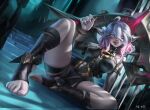  1girl absurdres ahoge arm_strap artist_name belt black_belt breasts briar_(league_of_legends) colored_sclera commentary fcek7244 feet fingernails fog full_body gradient_hair grey_hair highres knee_up league_of_legends long_hair looking_at_viewer multicolored_hair no_pupils no_shoes outdoors pink_hair pointy_ears red_sclera shadow sharp_fingernails sharp_teeth sidelocks sitting smile soles solo spread_legs stairs stirrup_legwear sunglasses teeth toeless_legwear toenails toes tongue tongue_out two-tone_hair vampire white_eyes wrist_cuffs 