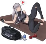  absurdres adidas ak-12_(girls&#039;_frontline) bag bottle breasts closed_eyes digital_media_player duffel_bag dumbbell english_commentary full_body girls&#039;_frontline grey_hair heart highres kneepit_sex large_breasts leg_lift long_hair navel pants penis sidelocks smile spoken_heart sports_bra sportswear stirrup_legwear toeless_legwear toes water_bottle white_background yoga_mat yoga_pants zhentian_liukuai_qian 