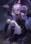  1girl absurdres ahoge artist_name belt black_belt breasts briar_(league_of_legends) chain chinese_commentary clenched_teeth colored_skin detached_sleeves feet fingernails full_body gradient_hair grey_eyes grey_hair grey_skin grin hair_between_eyes highres kilo_weibo knees knees_up league_of_legends legs long_hair looking_at_viewer medium_breasts multicolored_hair no_shoes outdoors pink_hair pointy_ears shadow sharp_teeth sitting skull smile soles solo stirrup_legwear teeth toeless_legwear toes two-tone_hair vampire wall wrist_cuffs 