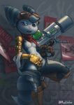  2021 absurd_res anthro breasts clothed clothing cybernetic_arm cybernetic_limb detailed_background ear_piercing ear_ring female fingering fingering_self front_view fur grey_body grey_fur gun hi_res holding_gun holding_object holding_weapon lombax looking_at_viewer mammal masturbation mootsider nipples on_one_leg partially_clothed piercing portrait ranged_weapon ratchet_and_clank ring_piercing rivet_(ratchet_and_clank) scarf small_breasts solo sony_corporation sony_interactive_entertainment standing three-quarter_portrait vaginal vaginal_fingering vaginal_masturbation wanted_poster weapon 